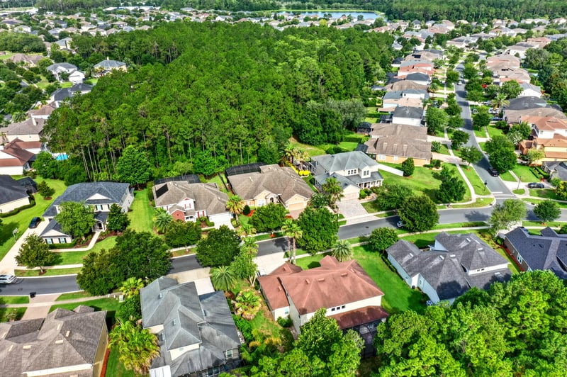 Aerial view of neighborhood streets and homes in Ponte Vedra Beach, FL