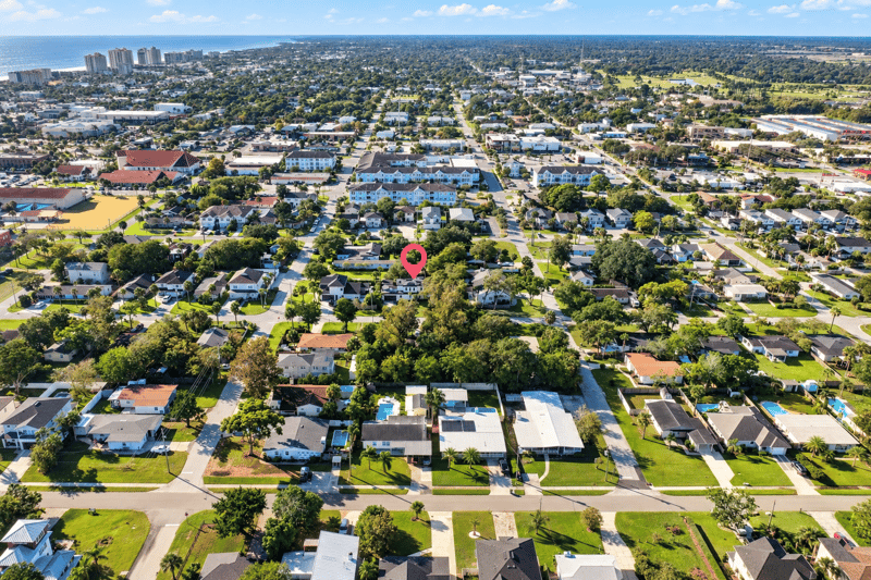 Aerial panoramic view of the surrounding streets in Jacksonville Beach, FL