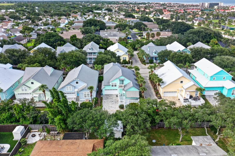 Aerial view of rooftops in the neighborhood in St. Augustine, FL