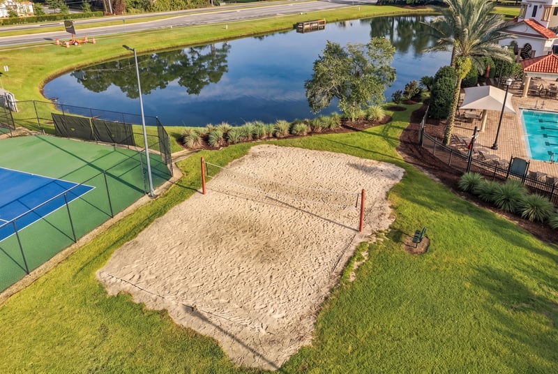 Aerial view of sand volleyball court in Murabella