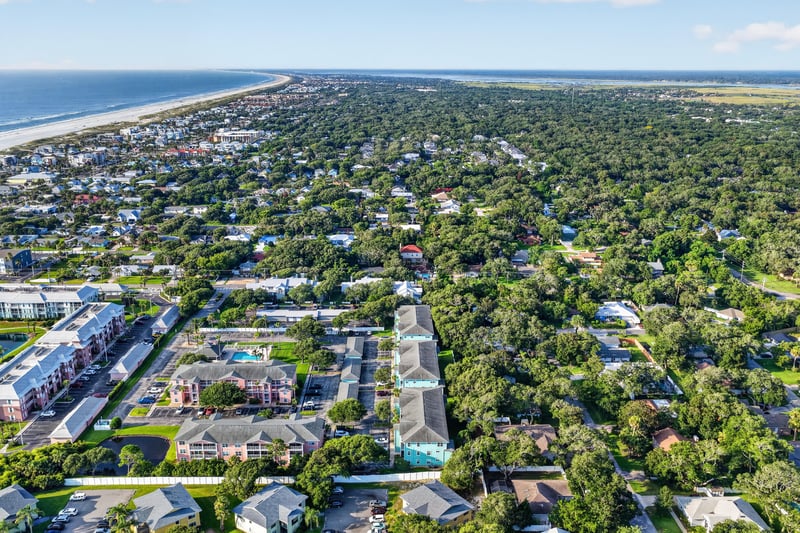 Aerial view of the neighborhood extending toward the coast in St. Augustine, FL