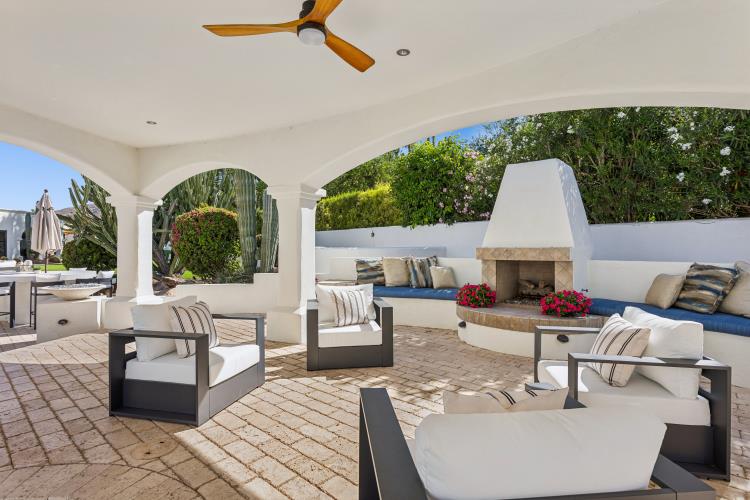Loggia fireplace and seating after renovation, Paradise Valley