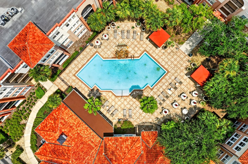 Closer aerial view of the pool courtyard in Jacksonville, FL