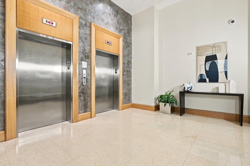 Elevator lobby with stainless doors, photographed by Megapixeler on Riverplace Blvd, Jacksonville