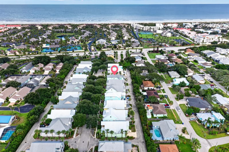 Aerial view toward the coastline with home location marked in St. Augustine, FL