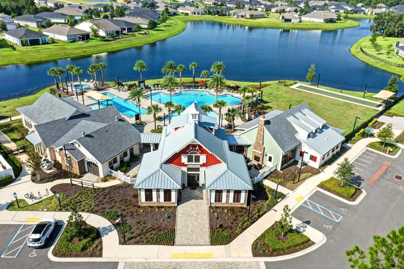 Aerial view of the community clubhouse and pool in St. Augustine, FL