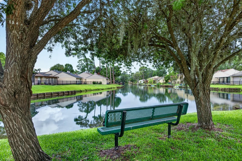 Pond with bench and reflecting trees in Jacksonville, FL