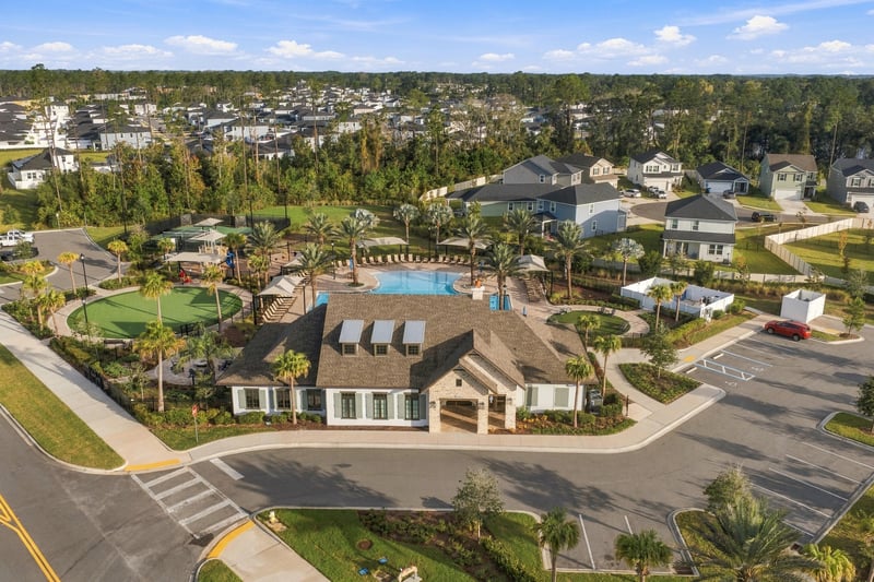 Drone view of neighborhood and clubhouse, photographed by Megapixeler on Torres Trace, St. Augustine