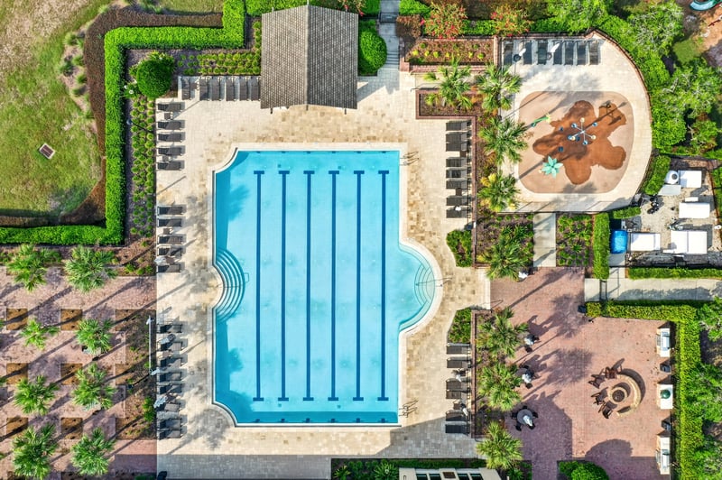 Aerial of community pool and patio in South Hampton