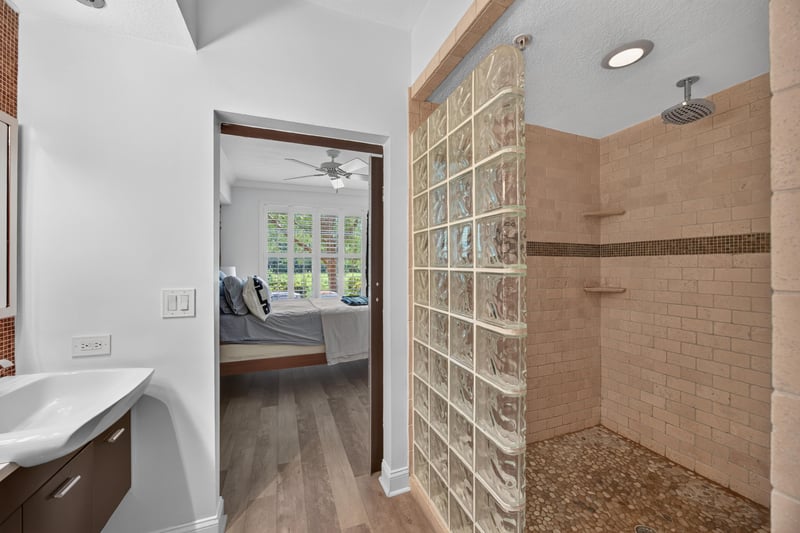 Glass-block shower in the second bathroom at 10435 Mid Town Pkwy unit 135, Jacksonville, FL 32246