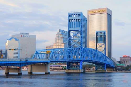 Downtown Jacksonville skyline with blue bridge