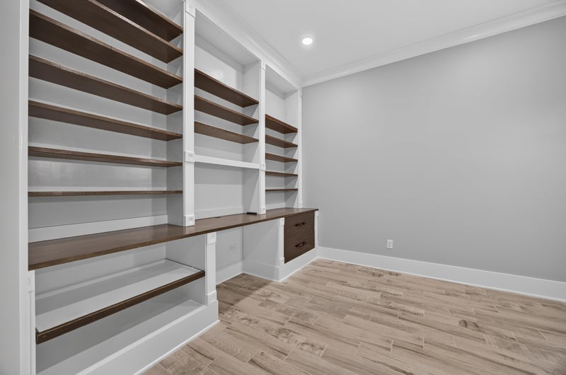 Built-in shelving in a flex room at 186 Freshwater Dr