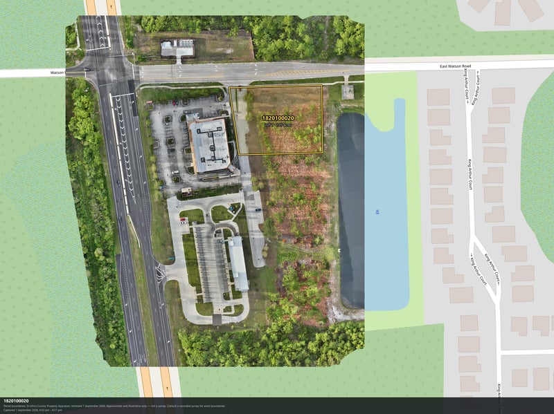 Aerial map view of the parcel outline near the pond and road at 4900 US-1, St. Augustine, FL 32086