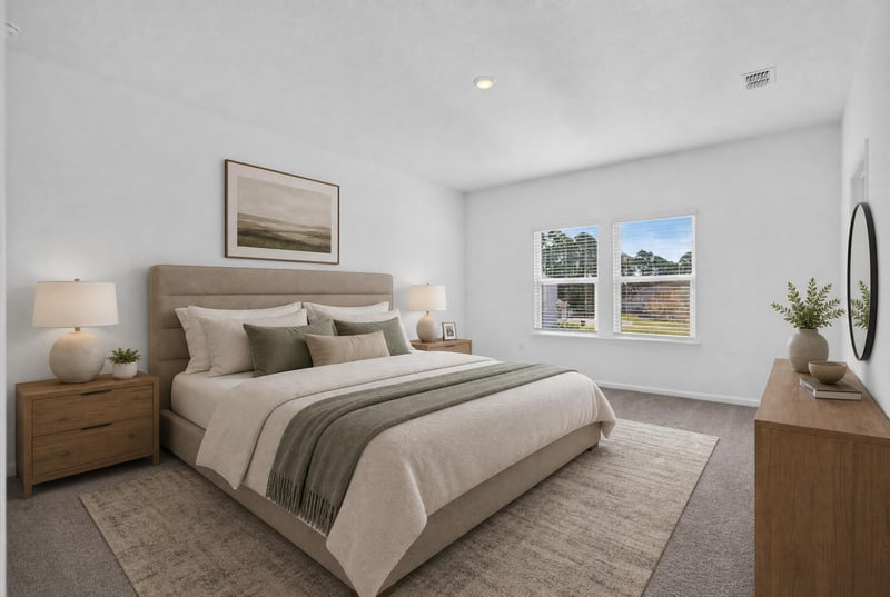 Virtually staged bedroom with bed and nightstand at 269 Bluegrass Wy, St. Augustine, FL 32092
