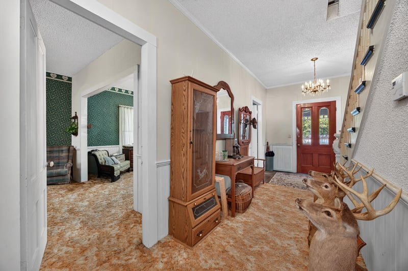 Room with green patterned wallpaper and carpet at 1173 US-17, Satsuma, FL 32189
