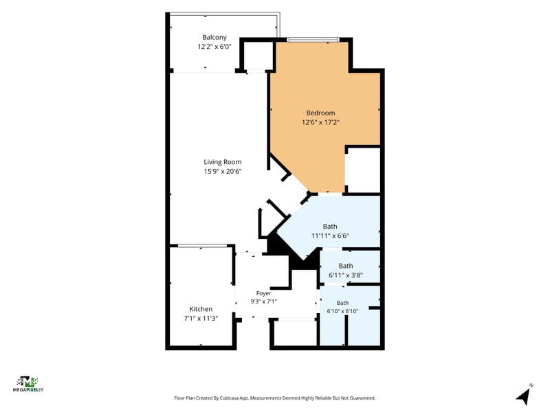 Floor plan of the 848-square-foot one-bedroom layout at 2910 Ravines Rd, Middleburg, FL 32068