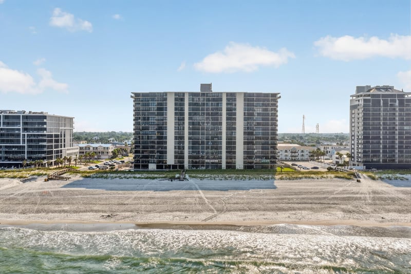 Aerial view of the condo building from the beach in Jacksonville Beach