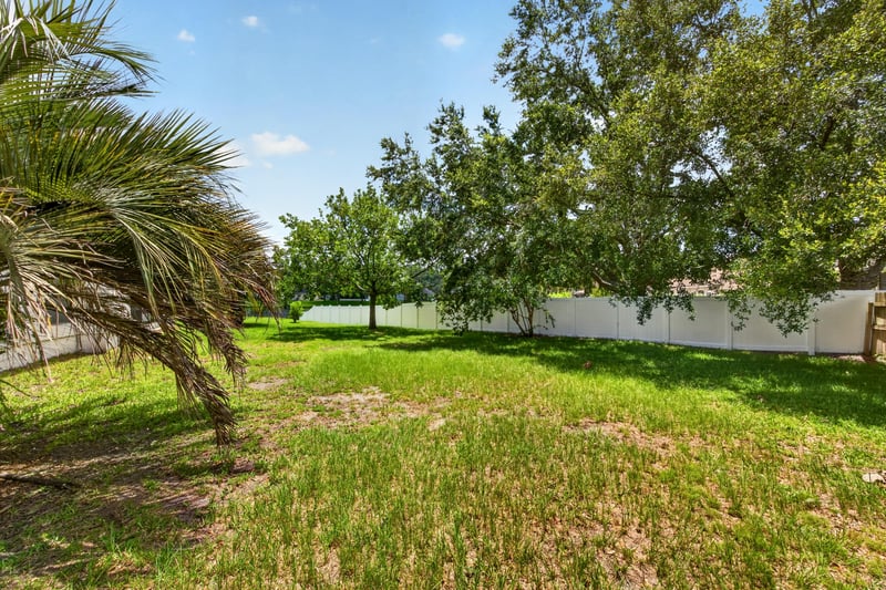 Backyard with a palm tree and open lawn at 2480 Ridge Will Dr, Jacksonville, FL 32246
