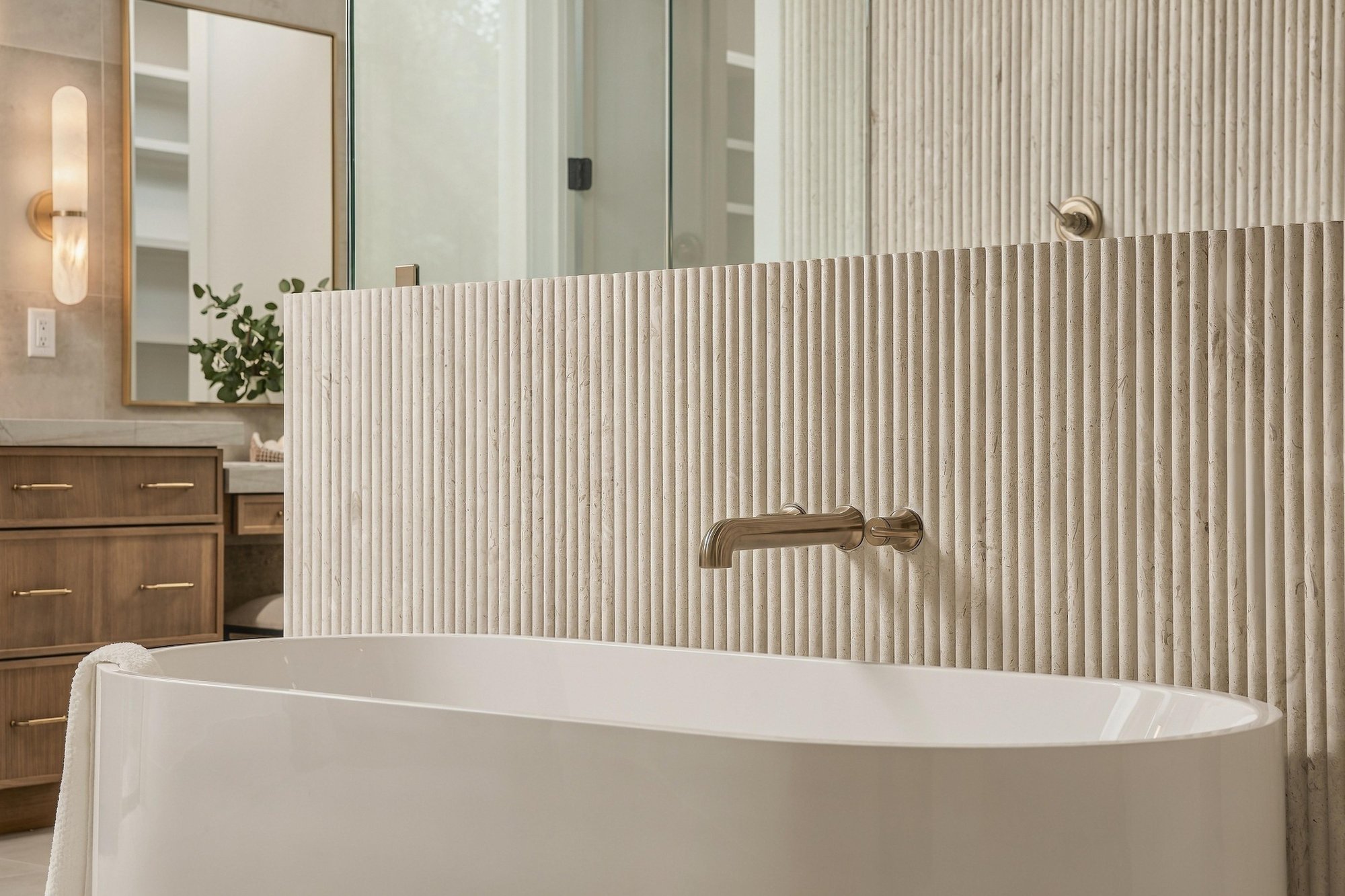 Freestanding tub against a fluted stone wall with a brass filler