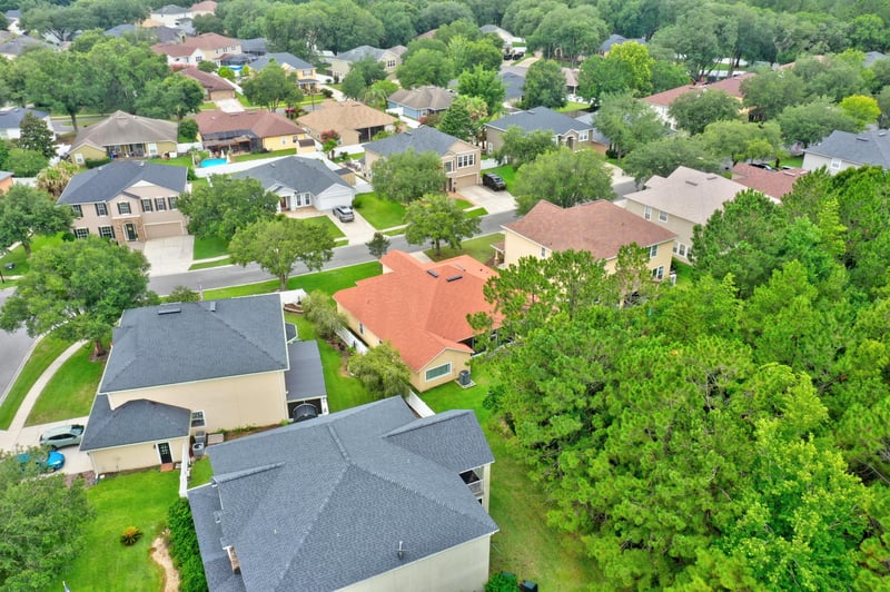 Aerial view of neighborhood with pool in Orange Park