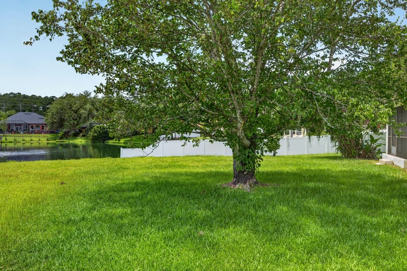 Backyard with a large shade tree and open lawn at 2480 Ridge Will Dr, Jacksonville, FL 32246