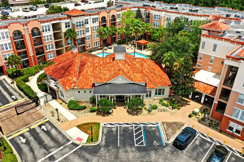 Aerial view of the clubhouse and pool courtyard in Jacksonville, FL