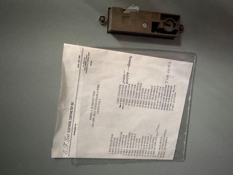 Circuit directory sheet in protective sleeve at 11700 New Kings Rd, Jacksonville, FL 32219