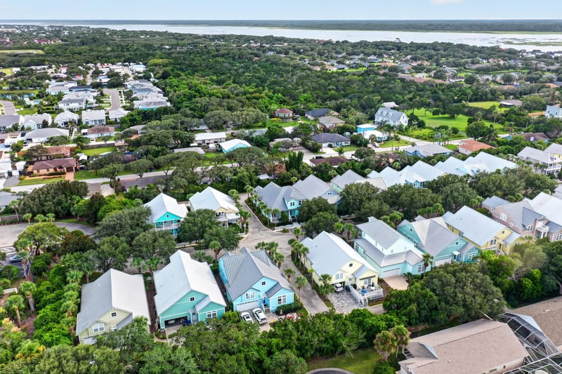 Aerial view of the neighborhood and marsh in St. Augustine, FL