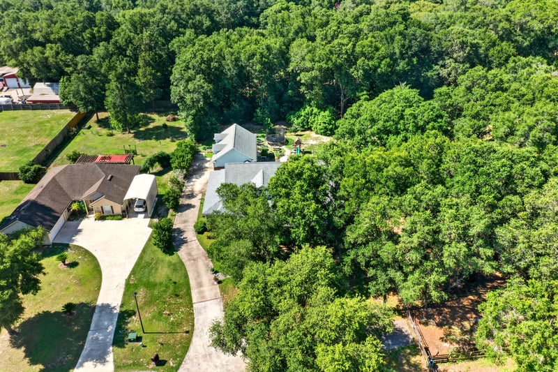 Aerial view of the wooded neighborhood in Green Cove Springs, FL