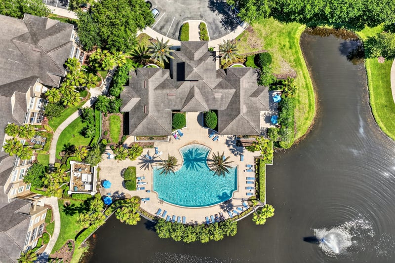 Aerial view of clubhouse and pool area in Jacksonville