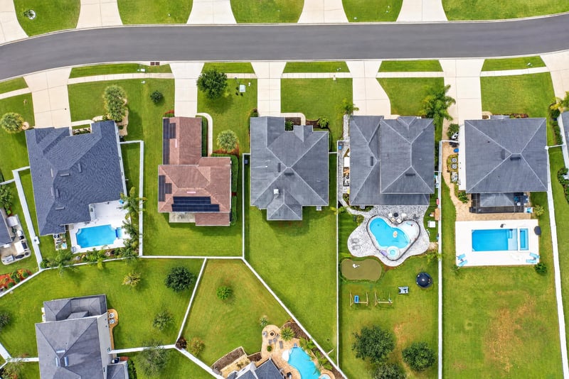 Aerial view of rooftops and pools in Murabella