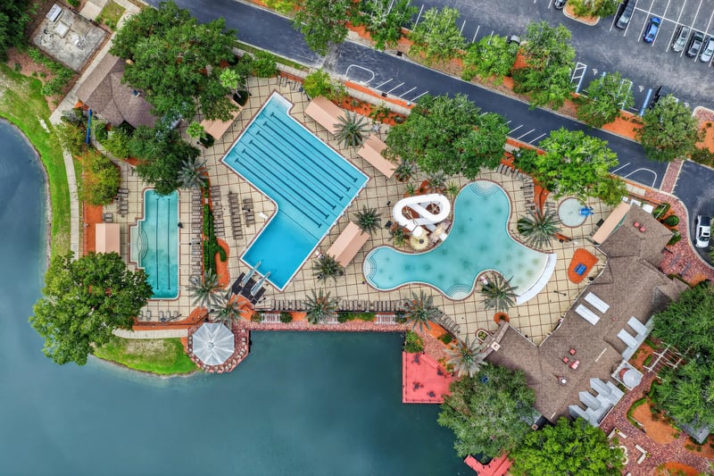 Aerial view of lap pool and clubhouse in Oakleaf Plantation