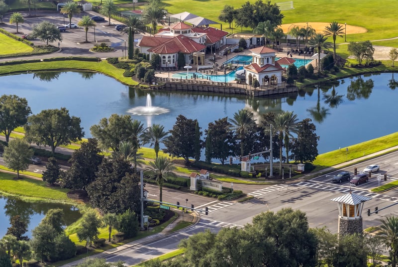 Aerial view of clubhouse and lake in Murabella