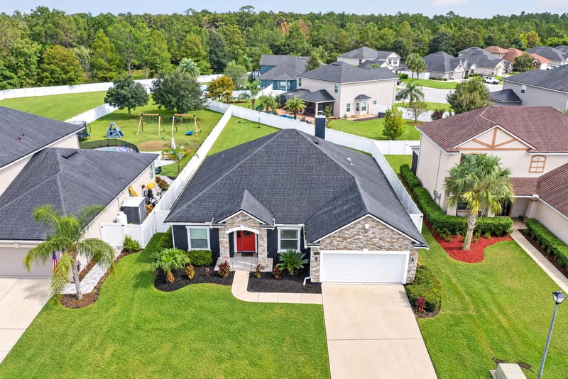 Aerial view of the home and street at 538 Porta Rosa Circle, St. Augustine, FL 32092