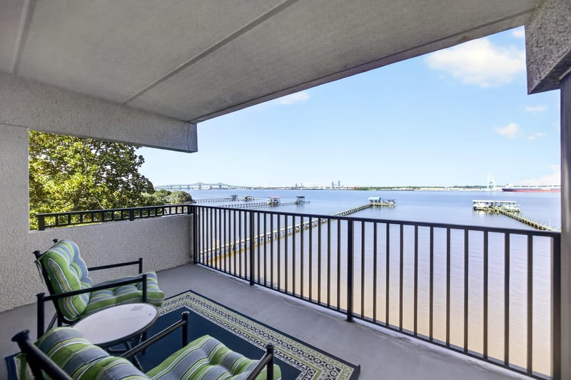 Balcony with patio furniture and water view at 2280 Shepard St