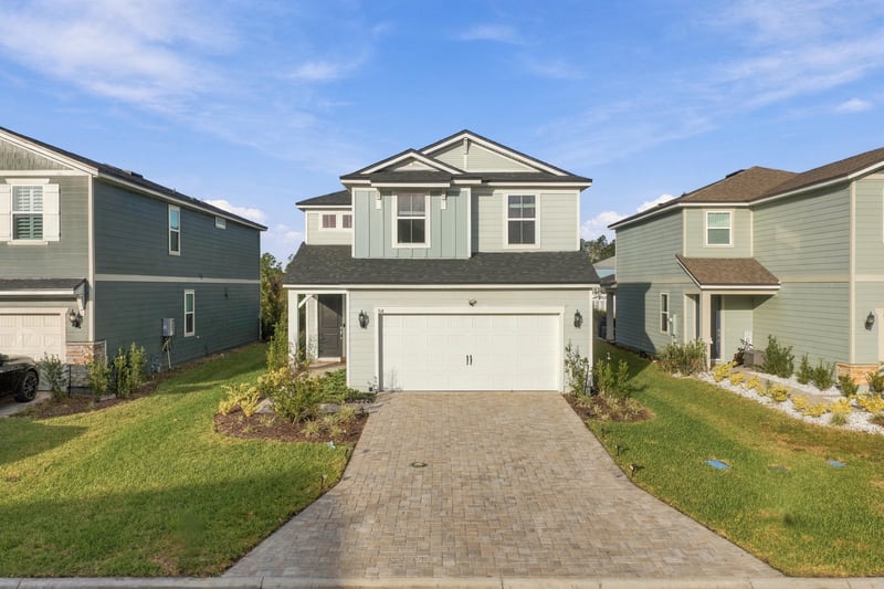 Front exterior of new construction home, photographed by Megapixeler on Torres Trace, St. Augustine