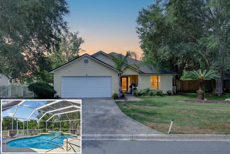 Day-to-dusk front exterior with inset pool photo at 8680 Bandera Cir S, Jacksonville, FL 32244