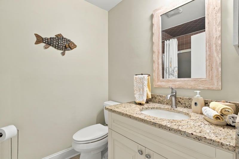 Bathroom vanity with mirror and fish art at 805 Spinnakers Reach Dr, Ponte Vedra Beach, FL 32082
