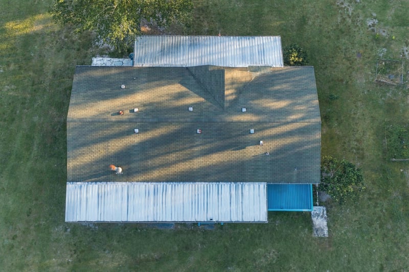 Aerial view of the roof, photographed by Megapixeler on Secret Cove Rd, Middleburg, FL