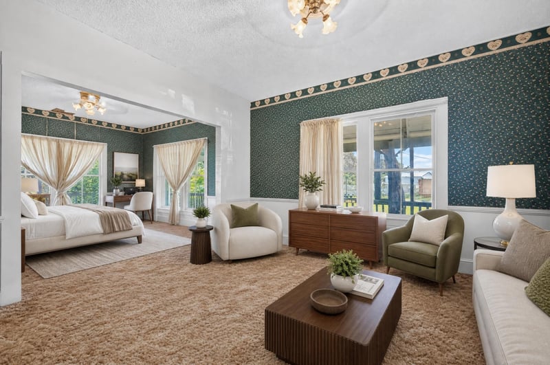 Virtually staged bedroom with upholstered bench and large window at 1173 US-17, Satsuma, FL 32189