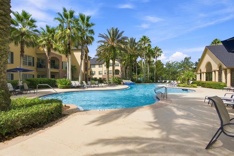 Community pool with palm trees in Reserve at Point Meadows
