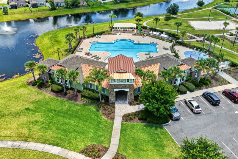 Aerial view of the community clubhouse and pool in Jacksonville, FL