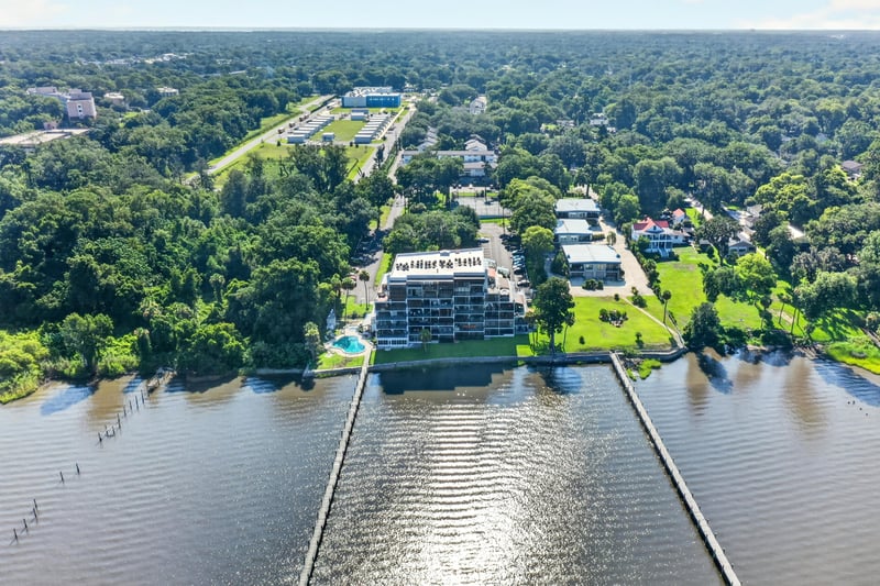 Aerial view of waterfront buildings and docks in Jacksonville