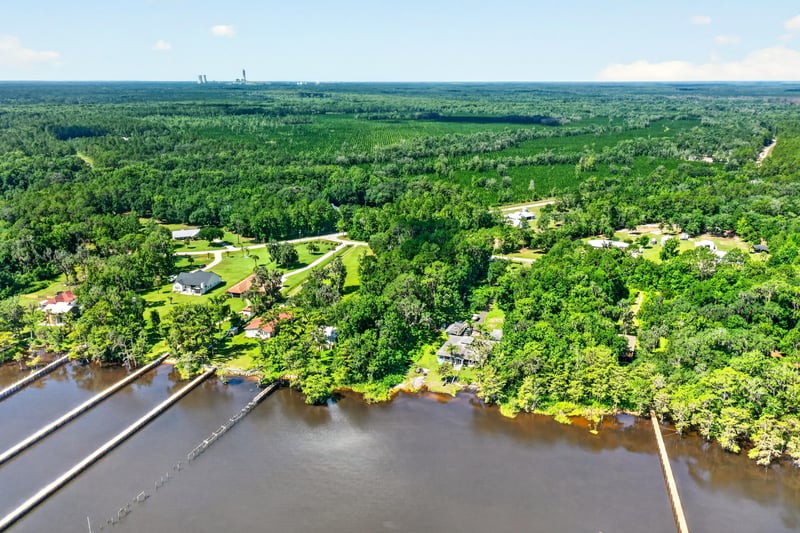 Aerial view of the river and surrounding docks at 110 River Shores Rd, Palatka, FL 32043