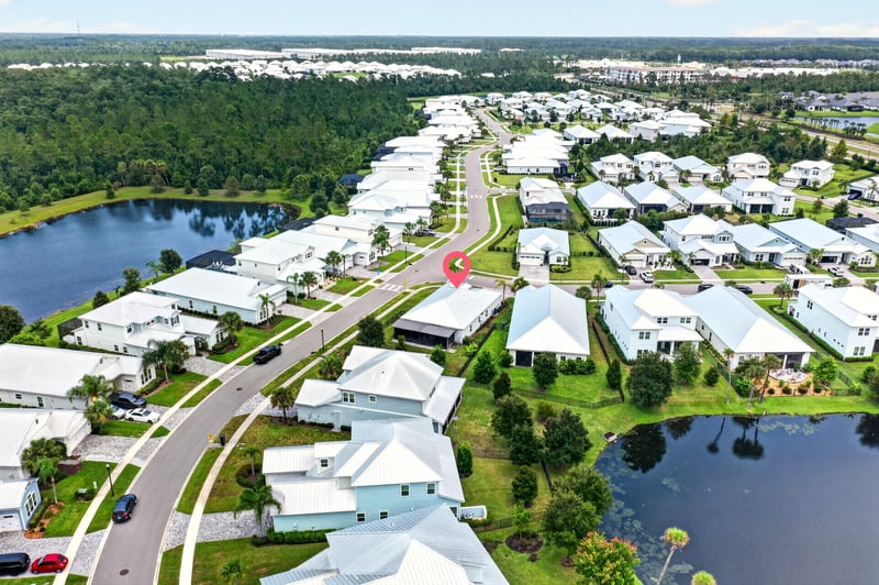 Aerial of the Beachwalk neighborhood with 91 Tilloo Ct pinned, St. Johns, FL