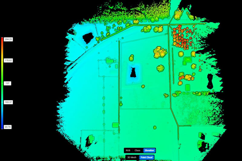 Colored point-cloud map outlining the property boundary and terrain at 7500 Lucky Seven Rnch Rd, Macclenny, FL