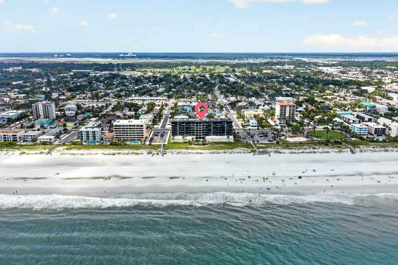 Aerial view of the beach town surrounding the building in Jacksonville Beach
