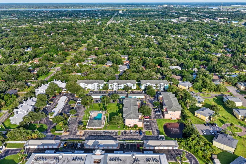 Aerial view of tree-covered neighborhood streets in St. Augustine, FL