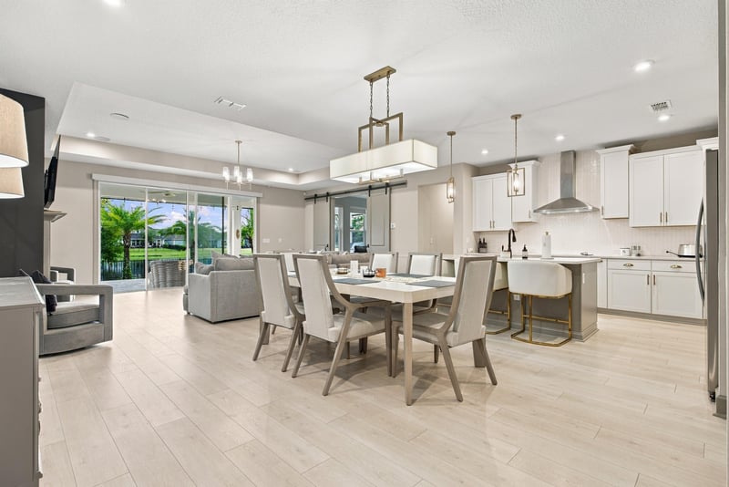 Open kitchen and dining area with island seating at 3921 Spyglass Hill Ln