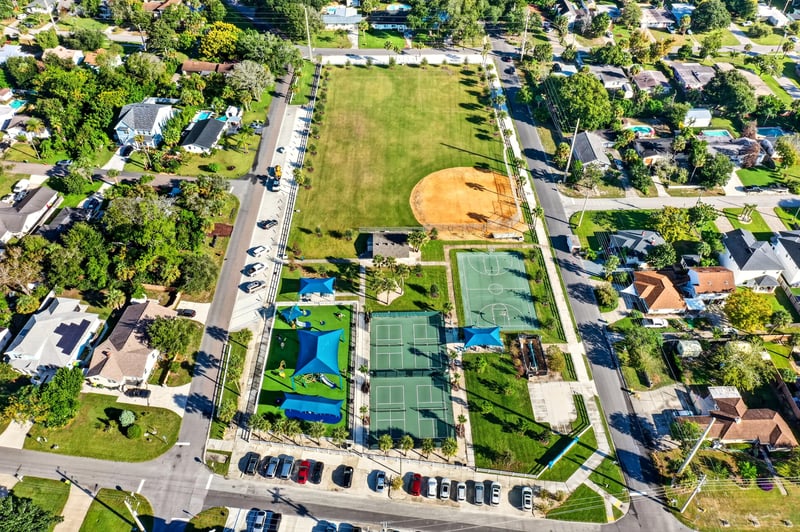 Aerial view of a ball field, tennis courts and pool in Jacksonville Beach, FL